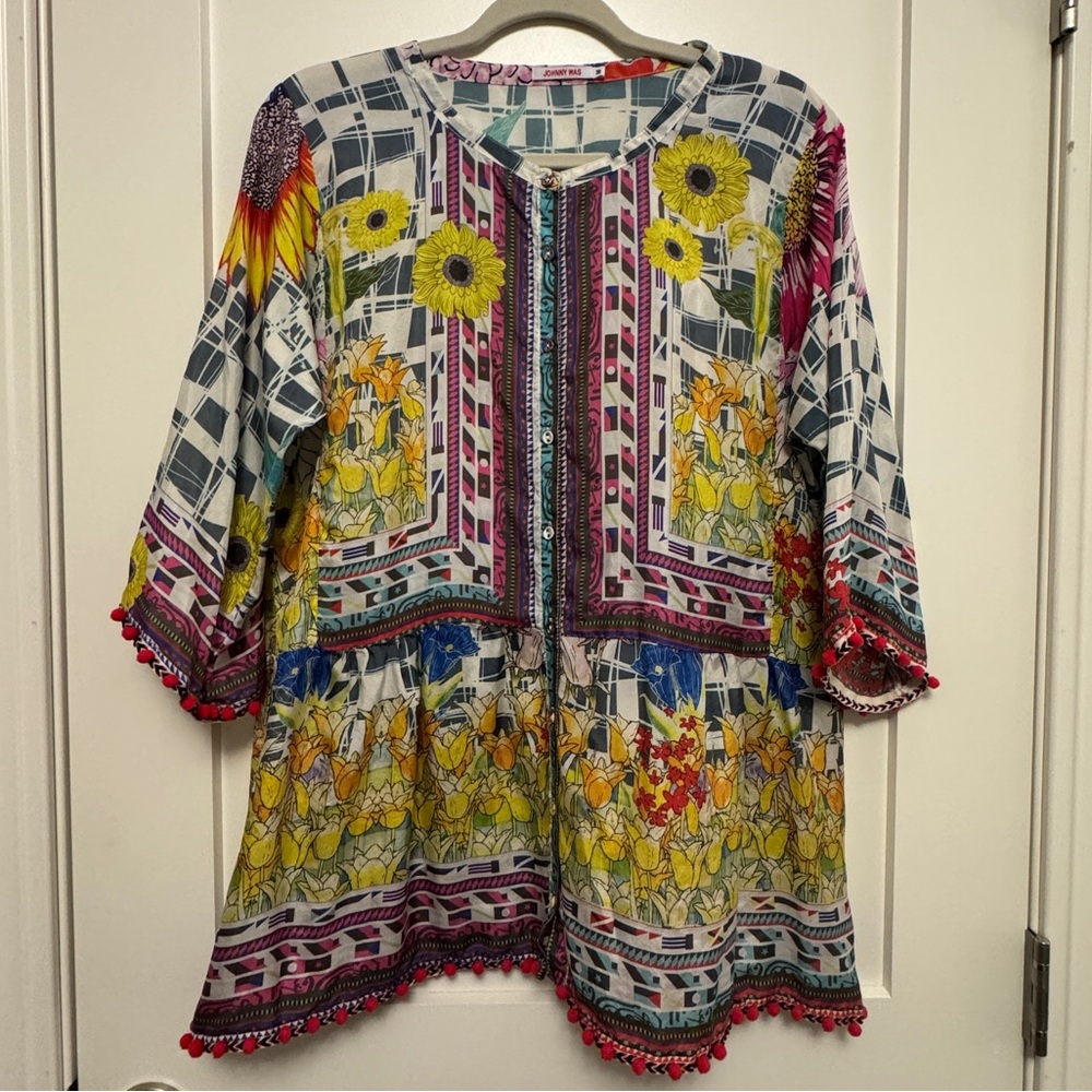 Johnny Was Theda Floral Tunic 100% SILK BOHO Chic Flowy Blouse Medium